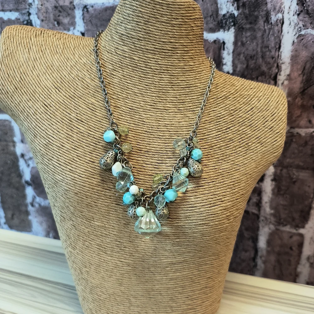 Elegant Southwestern Faux Turquoise Necklace Silver Tone Crystal Charms